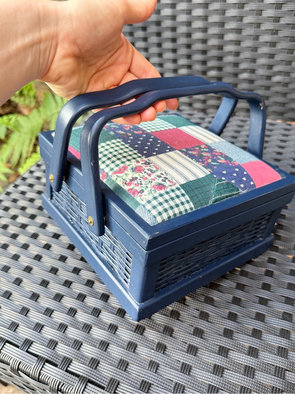 Vintage 2000s Jo-Ann Sewing Basket Blue Patchwork Wood Craft Organizer